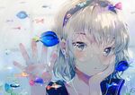  against_glass blush closed_mouth dangmill earphones face fish fish_tank glass glasses hairband hand_on_own_cheek hands indoors original school_uniform serafuku short_hair silver_eyes silver_hair solo upper_body water 