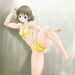  bikini blue_eyes brown_hair high_kick highres kicking mashue muscle original plantar_flexion short_hair solo standing standing_on_one_leg swimsuit yellow_bikini 