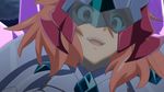  amou_kanade armor eyebrows eyebrows_visible_through_hair grin headgear looking_at_viewer lowres messy_hair open_mouth pauldrons red_eyes red_hair senki_zesshou_symphogear smile solo spikes third-party_edit visor 