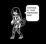  amphibian animal_humanoid asui_tsuyu black_and_white boku_no_hero_academia breasts clothing crossover dialogue english_text female frog_humanoid hair humanoid monochrome o-den skinsuit solo speech_bubble text tight_clothing undertale video_games 