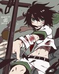  abs anchor bad_id bad_pixiv_id bandages belt black_hair blood bloody_bandages frown green_eyes hosomitimiti looking_at_viewer murasa_minamitsu navel sailor_collar short_hair shorts solo touhou 