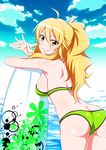  ahoge alternate_hairstyle ass bikini blonde_hair breasts butt_crack eyebrows eyebrows_visible_through_hair green_bikini green_eyes hoshii_miki idolmaster idolmaster_(classic) jabara_tornado large_breasts long_hair looking_at_viewer ocean ponytail sideboob smile solo surfboard swimsuit 