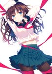  arms_up black_legwear blue_eyes blush bound brown_hair commentary_request long_hair long_sleeves looking_at_viewer navel neckerchief original pantyhose pleated_skirt ribbon sayonara_no_n_wo_mou_ichido school_uniform serafuku skirt solo yamcha_(cocololi) 