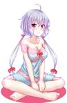  :&lt; ahoge bare_shoulders barefoot blush breasts cleavage collarbone crossed_legs etan14 eyebrows eyebrows_visible_through_hair full_body hair_ribbon hands_on_legs highres long_hair looking_to_the_side low-tied_long_hair low_twintails medium_breasts multi-tied_hair pajamas pout purple_eyes purple_hair red_ribbon ribbon senki_zesshou_symphogear sitting solo twintails very_long_hair white_background yukine_chris 