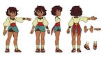  ajna_(indivisible) ankle_wrap beads bike_shorts bracelet bridal_gauntlets brown_hair character_sheet dark_skin dress flat_color hair_ornament indivisible jewelry multiple_views outstretched_arm sandals sash short_sleeves shorts shorts_under_skirt standing turnaround white_background 
