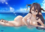  bare_shoulders breasts brown_eyes brown_hair cleavage danua draph granblue_fantasy horn_ornament horns large_breasts long_hair navel signature solo swimsuit thighs water yosaku09161 
