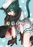  animal_ears between_legs blue_background boots brown_gloves cape cat_ears cat_tail cover cover_page doujin_cover eyepatch gloves green_eyes green_hair hand_between_legs hat kantai_collection kemonomimi_mode kiso_(kantai_collection) knee_boots looking_at_viewer mouth_hold neckerchief pauldrons pleated_skirt remodel_(kantai_collection) sailor_hat school_uniform serafuku short_hair sitting skirt solo sugimoto_(niboshiumai) tail wariza 