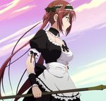  1girl airi_(queen&#039;s_blade) green_eyes highres long_hair maid queen&#039;s_blade queen&#039;s_blade_grimoire red_hair scythe solo stitched twintails weapon 