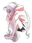 ahoge arm_up bad_id bad_pixiv_id black_shorts crossed_ankles eyebrows eyebrows_visible_through_hair frown full_body hand_on_head hood hoodie ignica leg_hug long_hair looking_down no_socks profile red_eyes senki_zesshou_symphogear shoes shorts sitting solo twintails very_long_hair white_background white_footwear white_hair yukine_chris 