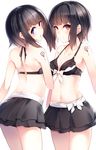  back bangs black_bra black_hair black_skirt blue_eyes bra breasts cleavage cowboy_shot highres looking_at_viewer looking_back miniskirt multiple_girls navel orange_eyes original otokuyou short_hair siblings simple_background skirt small_breasts tattoo twins underwear 