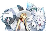  abomasnow aggron bag blonde_hair dress fardin gen_3_pokemon gen_4_pokemon green_eyes hat lillie_(pokemon) long_hair mega_abomasnow open_mouth pokemon pokemon_(creature) pokemon_(game) pokemon_sm shoulder_bag standing sun_hat white_dress white_hat 