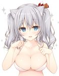  :3 :d animal_ears bangs bikini bikini_top blue_eyes blush breasts cat_ears cleavage collarbone eyebrows eyebrows_visible_through_hair hair_between_eyes hair_ornament halterneck highres kantai_collection kashima_(kantai_collection) kemonomimi_mode large_breasts looking_at_viewer miko_92 no_pupils open_mouth paw_pose silver_hair simple_background skindentation smile solo sparkle string_bikini striped swimsuit twintails two_side_up upper_body white_background white_bikini 