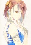  agahari bare_shoulders brown_eyes brown_hair dress earrings finger_to_mouth graphite_(medium) highres jewelry looking_at_viewer original paint_(medium) short_hair solo traditional_media 