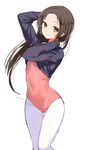  arms_behind_head brown_eyes brown_hair covered_navel cropped_jacket highres konbu_wakame leotard long_hair looking_at_viewer original pantyhose pink_leotard simple_background solo standing thigh_gap white_background white_legwear 