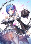  blue_eyes blue_hair breasts chain cleavage detached_sleeves eyebrows eyes_visible_through_hair flail garter_straps hair_ornament hair_over_one_eye hair_ribbon highres looking_at_viewer maid maid_headdress medium_breasts morning_star panties petals pink_ribbon re:zero_kara_hajimeru_isekai_seikatsu rem_(re:zero) ribbon short_hair smile solo tako_seijin thighhighs underwear weapon white_legwear white_panties wide_sleeves x_hair_ornament 