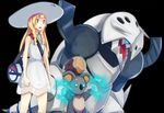  aggron bag black_background blonde_hair clenched_hands dress fardin gen_3_pokemon gen_7_pokemon glowing glowing_eyes green_eyes hat komala lillie_(pokemon) long_hair looking_to_the_side mega_aggron mega_pokemon open_mouth pokemon pokemon_(creature) pokemon_(game) pokemon_sm shoulder_bag standing sun_hat white_dress white_hat 