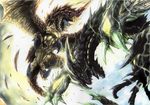  battle blank_eyes claws dragon electricity flying monster monster_hunter no_humans open_mouth red_eyes scales seregios sharp_teeth sky spikes teeth tongue wasugabakuhatu white_eyes wings wyvern 