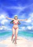  armpits bare_legs bare_shoulders barefoot beach bikini blush breasts cleavage cloud cloudy_sky commentary_request day full_body green_hair groin large_breasts long_hair looking_at_viewer navel older outdoors outstretched_arms red_bikini red_eyes rozen_maiden shiny shiny_skin sky smile solo suigintou swimsuit tsuda_nanafushi 