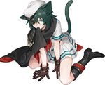  animal_ears between_legs boots brown_gloves cape cat_ears cat_tail commentary_request eyepatch gloves green_eyes green_hair hand_between_legs hat kantai_collection kemonomimi_mode kiso_(kantai_collection) knee_boots looking_at_viewer mouth_hold neckerchief pauldrons pleated_skirt remodel_(kantai_collection) sailor_hat school_uniform serafuku short_hair simple_background sitting skirt solo sugimoto_(niboshiumai) tail wariza white_background 