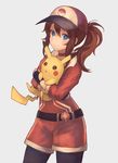  bad_id bad_pixiv_id baseball_cap belt black_legwear blue_eyes blush carrying choker cowboy_shot female_protagonist_(pokemon_go) fingerless_gloves gen_1_pokemon gloves hat leggings long_hair looking_at_viewer okakan pikachu pokemon pokemon_(creature) pokemon_go ponytail simple_background smile 