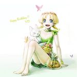  :d barefoot blonde_hair blue_eyes blush bracelet braid bug butterfly commentary_request croissant dress elf flower food full_body happy_birthday highres insect jewelry juno_bernal open_mouth pointy_ears pop-up_story sitting smile solo stuffed_animal stuffed_cat stuffed_toy twin_braids umino_kiri white_background 