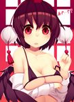  :o ayaya~ bare_shoulders black_wings blush breast_hold breasts cleavage collarbone eyebrows eyebrows_visible_through_hair hat large_breasts long_sleeves looking_at_viewer mikan_(bananoha) off_shoulder open_clothes open_mouth open_shirt pom_pom_(clothes) red_eyes red_hat shameimaru_aya shirt simple_background solo strap_slip sweatdrop tareme tassel text_focus tokin_hat touhou two-tone_background underboob upper_body white_shirt wings 