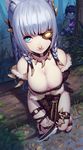  animal_ears bare_shoulders blue_eyes braid breasts brown_gloves cleavage daye_bie_qia_lian eyepatch fingerless_gloves garter_straps genderswap gloves glowing glowing_eyes highres holding holding_weapon jewelry kha'zix large_breasts league_of_legends log long_hair looking_at_viewer multiple_girls necklace personification rengar sandals sitting smile thigh_strap thighhighs weapon yellow_eyes 
