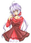  ahoge blush collarbone dress eyebrows eyebrows_visible_through_hair hair_twirling lace lace-trimmed_dress long_hair long_sleeves looking_at_viewer low_twintails puffy_shorts purple_eyes purple_hair red_dress scrunchie senki_zesshou_symphogear seraworks shorts smile solo traditional_media twintails very_long_hair white_background white_shorts yukine_chris 