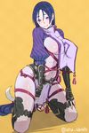  arm_guards belt black_gloves blue_eyes breasts closed_mouth fate/grand_order fate_(series) fingerless_gloves full_body gloves hair_between_eyes highres kneeling large_breasts loincloth long_sleeves minamoto_no_raikou_(fate/grand_order) navel no_legwear open_toe_shoes puffy_long_sleeves puffy_sleeves purple_hair revealing_clothes shin_guards shoes short_hair sideboob simple_background smile solo stomach tassel thighs toes utu_(ldnsft) yellow_background 