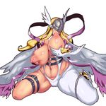  1girl angel angel_wings angewomon areolae artist_request bandai blonde_hair breast_grab breast_sucking breasts digimon female helmet huge_breasts legs long_hair nipples plump shiny_skin sitting solo thick_thighs wide_hips 