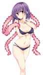  bare_shoulders bikini blush bracelet breasts cleavage cowboy_shot hand_on_own_face highres jewelry large_breasts layered_bikini maturiuta_sorato nagae_iku navel no_hat no_headwear pink_hair purple_bikini purple_hair shawl short_hair simple_background solo swimsuit touhou white_background 