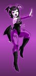  2016 black_hair black_lipstick black_makeup boots breasts clothed clothing cosplay costume darkstalkers fingerless_gloves footwear gloves hair high_heels hotel_transylvania leggings legwear lipstick makeup mavis_dracula monster_girl morrigan_aensland not_furry scrap-witch simple_background unitard vampire vampire_girl video_games wings 