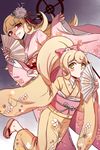  absurdres blonde_hair blush_stickers bow danganronpa danganronpa_3 dark_persona dual_persona fan folding_fan grin hair_bow highres japanese_clothes kimono long_hair obi older ponytail red_eyes saionji_hiyoko sandals sash smile spoilers yellow_eyes yolk_tomatosauce 