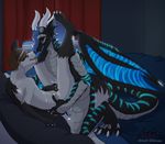  2015 4_toes animal_genitalia animal_penis anthro anvil_position bed bedroom bedroom_eyes black_nose black_penis black_scales blue_scales blue_stripes blue_tongue brown_hair canine canine_penis claws cum cum_drip cum_inside cum_leaking cum_on_bed cum_on_leg cum_on_stomach cum_string cum_while_penetrated curtains digital_media_(artwork) dragon dripping duo embrace eye_contact fur gloves_(marking) grey_scales hair half-closed_eyes hand_on_back hi_res hindpaw horn inside interspecies kissing knot legs_up lying male male/male mammal markings multicolored_scales nude on_back on_bed paws penetration penis scales scalie seductive sex socks_(marking) sonsasu stripes toe_claws toes tongue tongue_out watermark white_fur window wings wolf 