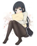  asashio_(kantai_collection) bangs belt black_hair black_legwear blue_eyes blush chaostein commentary_request dress full_body kantai_collection long_hair long_sleeves looking_at_viewer no_shoes panties panties_under_pantyhose pantyhose pantyshot pillow pillow_hug pinafore_dress remodel_(kantai_collection) school_uniform sitting solo thighband_pantyhose underwear 