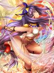  ankle_lace-up bangs bikini blue_hair breasts closed_mouth cloud covered_nipples cross-laced_footwear dark_skin earrings egyptian egyptian_clothes epaulettes eyebrows eyebrows_visible_through_hair eyelashes facepaint facial_mark fate/grand_order fate_(series) full_moon hair_between_eyes hair_ornament hairband highres hoop_earrings jewelry leg_up lens_flare long_hair looking_at_viewer low-tied_long_hair medium_breasts mia_(gute-nacht-07) moon multicolored_hair navel necklace nitocris_(fate/grand_order) outdoors outstretched_arms purple_eyes see-through shawl silver_eyes sky smile solo sparkle sphere standing standing_on_one_leg stomach swimsuit thighlet two-tone_hair very_long_hair wading water white_bikini 