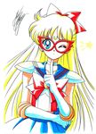  aino_minako bishoujo_senshi_sailor_moon blonde_hair blue_eyes blue_sailor_collar blue_skirt bow brooch choker cowboy_shot crescent earrings elbow_gloves facial_mark finger_to_mouth forehead_mark gloves hair_bow half_updo highres jewelry long_hair looking_at_viewer magical_girl marco_albiero marker_(medium) mask one_eye_closed pleated_skirt red_bow sailor_collar sailor_senshi_uniform sailor_v shoulder_pads signature skirt solo star traditional_media white_background white_gloves 