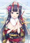  1girl 2019 arrow bangs bare_shoulders black_hair blush breasts cleavage day ema fangs floral_print flower fur_collar green_eyes hair_flower hair_ornament hamaya happy_new_year japanese_clothes kimono large_breasts long_hair long_sleeves looking_at_viewer miyano_ururu new_year obi off_shoulder oni oni_horns open_mouth original outdoors parted_lips sash shrine smile solo 