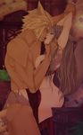  1boy 1girl animal_ears blonde_hair breasts brown_hair cat_ears cat_tail choking clothed_sex eyes_closed facial_hair facial_marking final_fantasy_xiv kissing large_breasts long_hair miqo&#039;te sex 