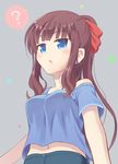  ? blue_eyes brown_hair chestnut_mouth from_below furuhiro hair_ribbon long_hair md5_mismatch navel new_game! ponytail ribbon solo speech_bubble spoken_question_mark takimoto_hifumi 