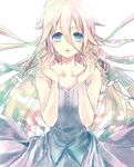  alicetype blue_eyes breasts cleavage collarbone crying crying_with_eyes_open dress hair_between_eyes highres ia_(vocaloid) long_hair looking_at_viewer silver_hair small_breasts smile solo tan tears vocaloid white_background white_dress 