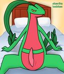  2016 abra_the_kadabra absurd_res animal_genitalia bed bedroom_eyes detailed_background erection feral flora_fauna genital_slit green_skin grovyle half-closed_eyes hi_res inside inviting looking_at_viewer male nintendo nude penis pillow plant pok&eacute;mon presenting reclining seductive slit smile solo spreading tapering_penis text video_games yellow_eyes 