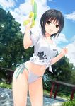  :d aoyama_sumika bangs bikini black_hair breasts brown_eyes coffee-kizoku cowboy_shot day dutch_angle eyebrows_visible_through_hair highres medium_breasts navel open_mouth original outdoors shirt short_hair short_sleeves smile solo swimsuit underwear water_gun white_bikini 