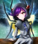  commentary_request fairy_wings fang fujiwara_rein hood key purple_hair red_eyes rilu_rilu_fairilu solo spider_(fairilu) spider_legs wings 