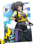  abs bangs baseball_cap blue_eyes brown_hair cellphone choker commentary_request female_protagonist_(pokemon_go) fingerless_gloves gen_1_pokemon gloves hat ikeshita_moyuko leg_hold open_mouth pants_under_shorts phone pikachu poke_ball pokemon pokemon_(creature) pokemon_go ponytail red_eyes shaded_face shirt sidelocks smartphone spoken_pokemon squirtle strapless sweat tail tight_shirt tubetop twitter_username yellow_shirt yoga 