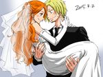  1girl 2015 bare_shoulders black_suit blonde_hair blush bouquet bridal_veil bride carrying couple dated dress elbow_gloves eye_contact flower formal gloves groom hair_over_one_eye hetero looking_at_another nami_(one_piece) one_piece princess_carry sanji short_hair strapless strapless_dress suit veil wedding_dress white_dress white_gloves yamadaenako 