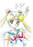  bishoujo_senshi_sailor_moon blonde_hair blue_eyes blue_sailor_collar bow brooch choker crescent crescent_earrings double_bun earrings hair_ornament hairpin heart heart_choker highres jewelry long_hair looking_at_viewer magical_girl marco_albiero marker_(medium) red_bow sailor_collar sailor_moon sailor_senshi_uniform signature smile solo super_sailor_moon tiara traditional_media tsukino_usagi twintails upper_body white_background 