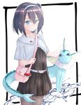  bag belt black_hair blue_eyes casual commentary_request dress gen_1_pokemon hair_between_eyes hairband handbag headband highres looking_at_viewer original pokemon pokemon_(creature) pokemon_go short_hair suzunari_shizuku vaporeon yuki_arare 