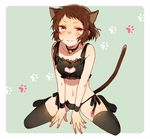  3: animal_ears animal_print bell bell_collar between_legs black_legwear blush brown_hair cat_cutout cat_ears cat_lingerie cat_panties cat_print cat_tail cleavage_cutout closed_mouth collar collarbone full_body green_background hand_between_legs hyouka ibara_mayaka jingle_bell kiri_(lwp01_lav) meme_attire navel nose_blush panties paw_print print_panties red_eyes short_hair side-tie_panties sitting solo tail thighhighs underwear v-shaped_eyebrows 