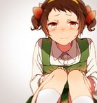  alternate_hairstyle blurry blush bow brown_hair closed_mouth collared_shirt crying crying_with_eyes_open depth_of_field dress green_dress hair_bow hands_on_own_knees hyouka ibara_mayaka kiri_(lwp01_lav) looking_at_viewer nose_blush pinafore_dress red_bow red_eyes shirt short_hair short_twintails sitting solo tears twintails white_background white_legwear white_shirt wing_collar 
